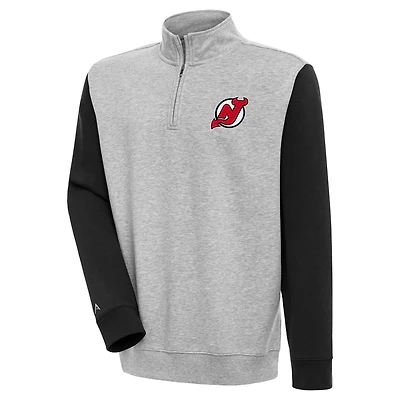 Men's Antigua  Heather Gray/Black New Jersey Devils Victory Colorblock Quarter-Zip Pullover Top