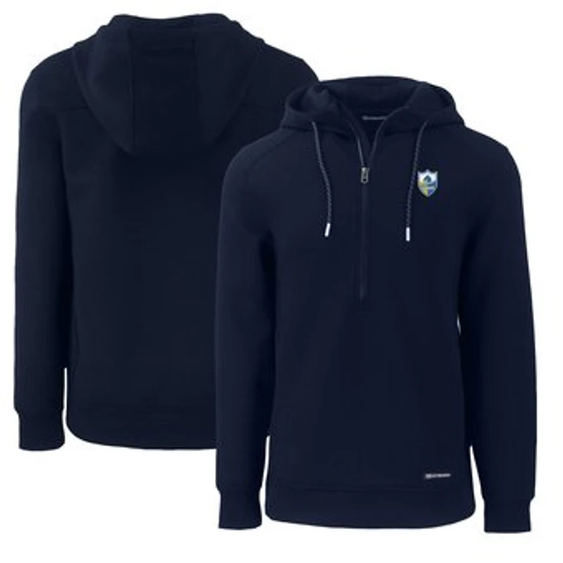 Men's Cutter & Buck Navy Los Angeles Chargers Throwback Roam Eco Half-Zip Recycled Pullover Hoodie