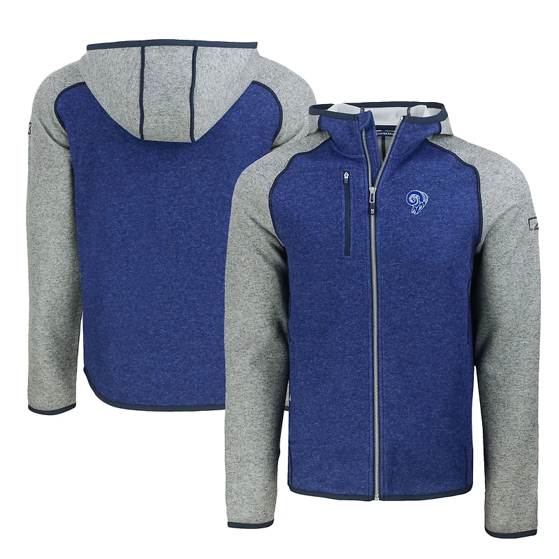 Men's Cutter & Buck  Royal/Heather Gray Los Angeles Rams Throwback Mainsail Sweater-Knit Full-Zip Hoodie