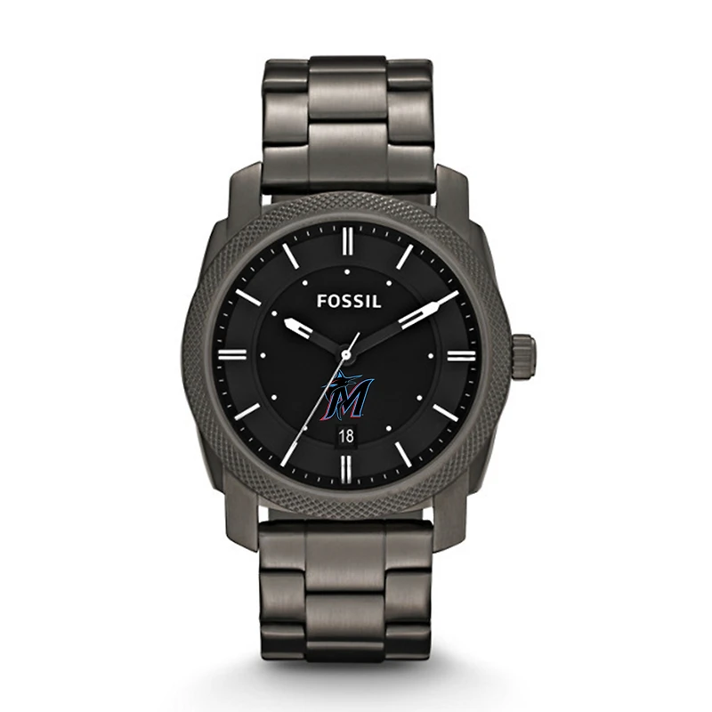 Men's Fossil Gray Miami Marlins Machine Smoke Stainless Steel Watch