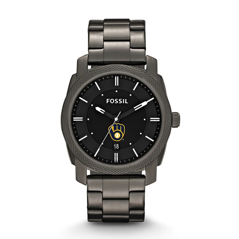 Men's Fossil Gray Milwaukee Brewers Machine Smoke Stainless Steel Watch