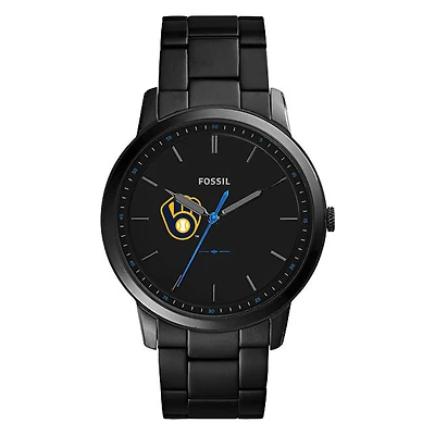 Men's Fossil Black Milwaukee Brewers Minimalist Stainless Steel Watch