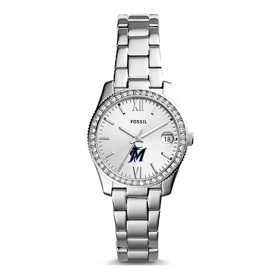 Women's Fossil Silver Miami Marlins Scarlette Stainless Steel Watch