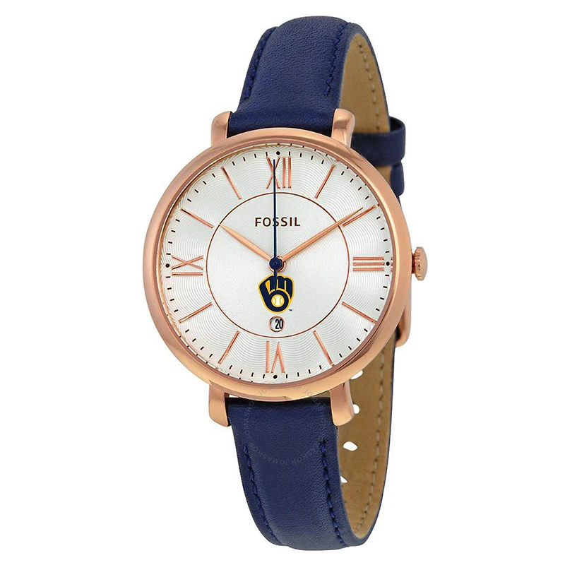 Women's Fossil Gold/Navy Milwaukee Brewers Jacqueline Leather Watch