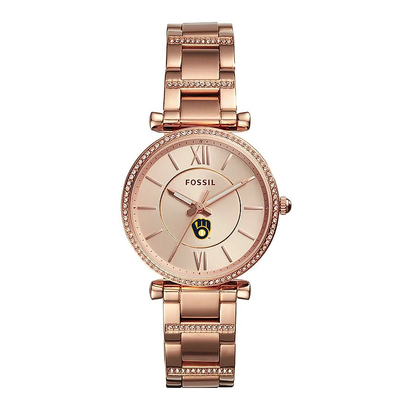 Women's Fossil Rose Gold Milwaukee Brewers Carlie Stainless Steel Watch
