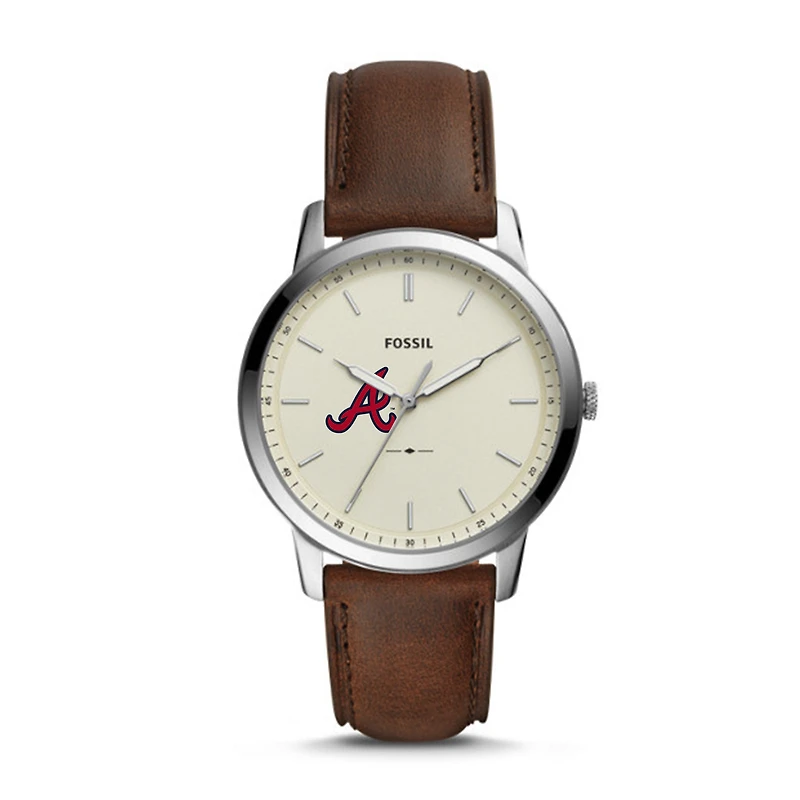 Men's Fossil Brown Atlanta Braves Minimalist Leather Watch