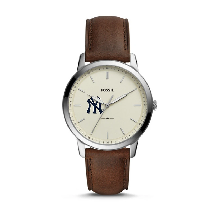 Men's Fossil Brown New York Yankees Minimalist Leather Watch