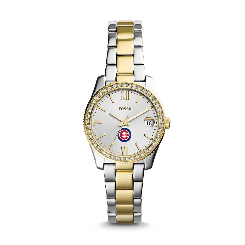 Women's Fossil Silver Chicago Cubs Fossil Scarlette Two-Tone Stainless Steel Watch