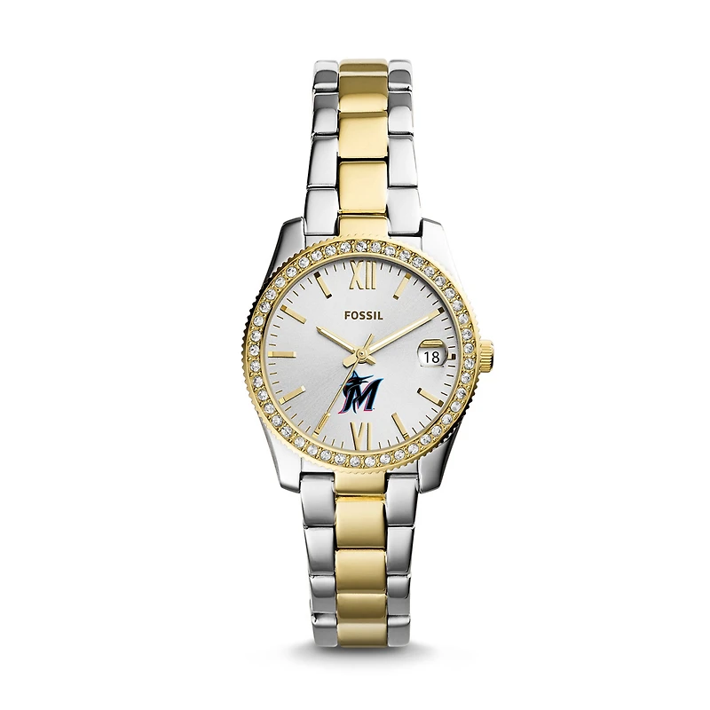 Women's Fossil Silver Miami Marlins Fossil Scarlette Two-Tone Stainless Steel Watch