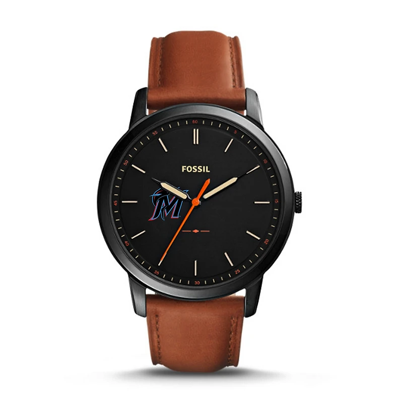 Men's Fossil Brown Miami Marlins Minimalist Leather Watch