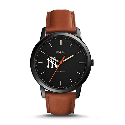 Men's Fossil Brown New York Yankees Minimalist Leather Watch