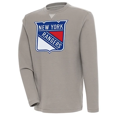 Men's Antigua  Oatmeal New York Rangers Flier Bunker Tri-Blend Pullover Sweatshirt