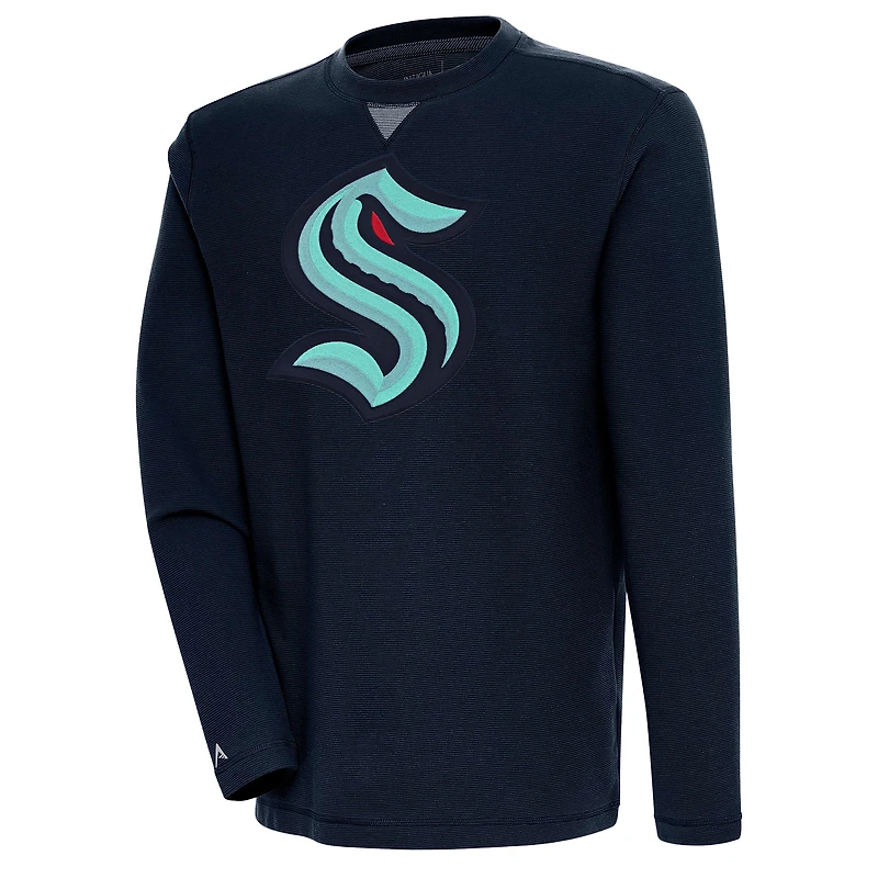 Men's Antigua Deep Sea Blue Seattle Kraken Flier Bunker Tri-Blend Pullover Sweatshirt