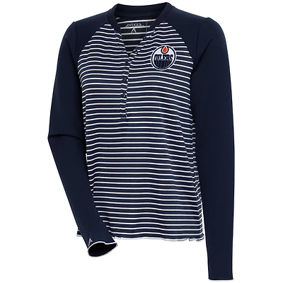 Women's Antigua  Navy Edmonton Oilers Maverick Henley Long Sleeve T-Shirt