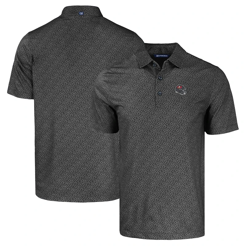 Men's Cutter & Buck Black Tampa Bay Buccaneers Helmet Pike Eco Pebble Print Stretch Recycled Polo