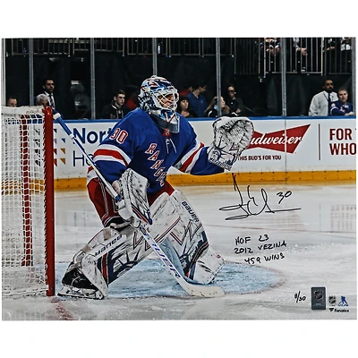 Henrik Lundqvist New York Rangers Autographed 16" x 20" Blue Jersey in Net Photograph with Multiple Inscriptions - Limited Edition of 30