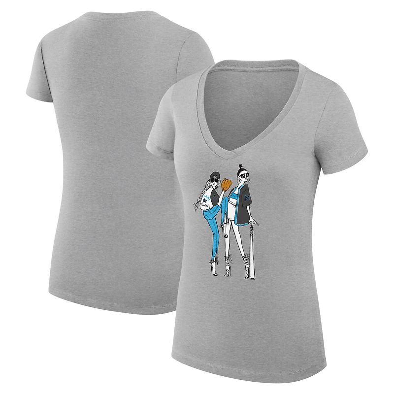 Women's G-III 4Her by Carl Banks Heather Gray Miami Marlins Super-Slim Fit Lightweight Baseball V-Neck T-Shirt