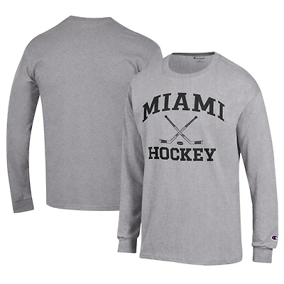 Men's Champion  Gray Miami University RedHawks Icon Logo Hockey Jersey Long Sleeve T-Shirt