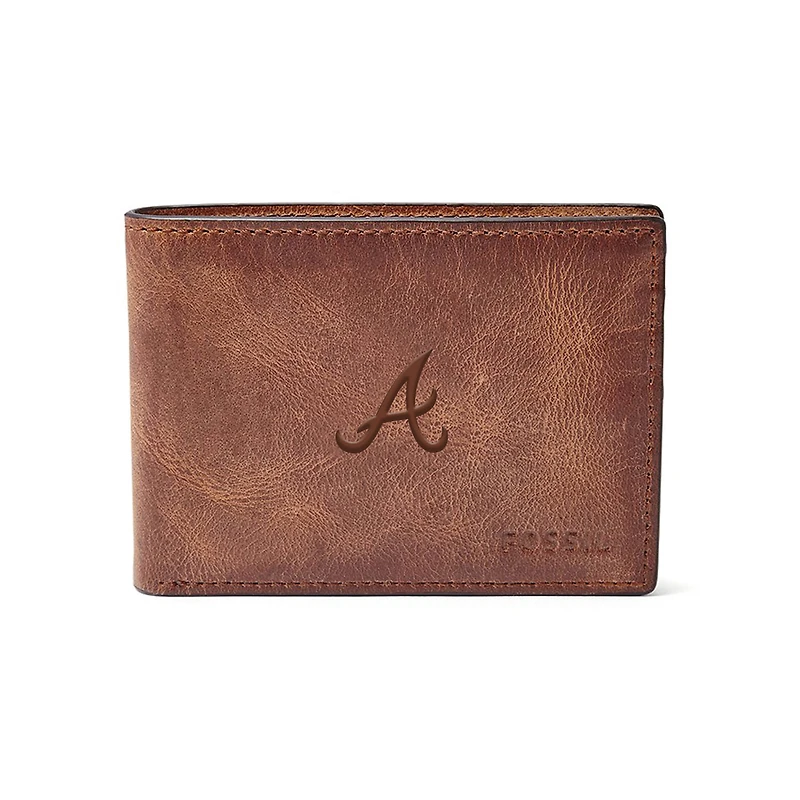 Fossil Brown Atlanta Braves Leather Derrick Front Pocket Bifold Wallet