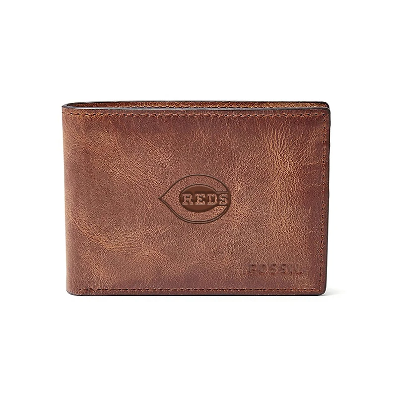 Fossil Brown Cincinnati Reds Leather Derrick Front Pocket Bifold Wallet