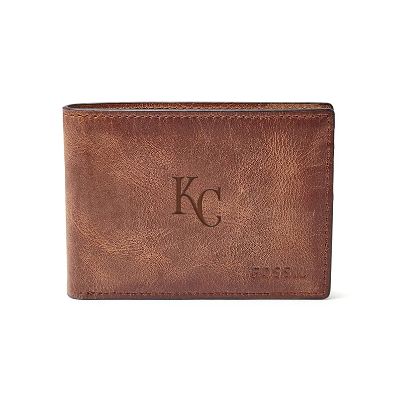 Fossil Brown Kansas City Royals Leather Derrick Front Pocket Bifold Wallet