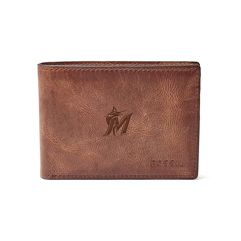 Fossil Brown Miami Marlins Leather Derrick Front Pocket Bifold Wallet