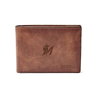 Fossil Brown Miami Marlins Leather Derrick Front Pocket Bifold Wallet