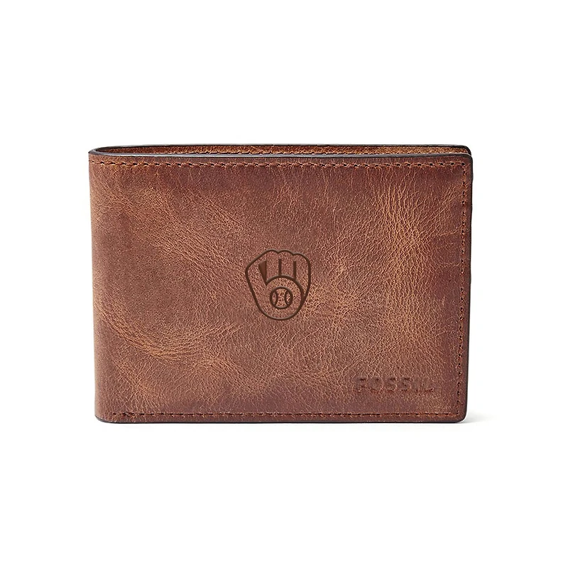 Fossil Brown Milwaukee Brewers Leather Derrick Front Pocket Bifold Wallet