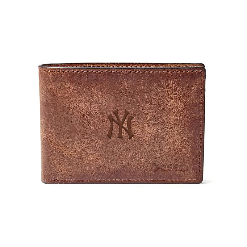 Fossil Brown New York Yankees Leather Derrick Front Pocket Bifold Wallet