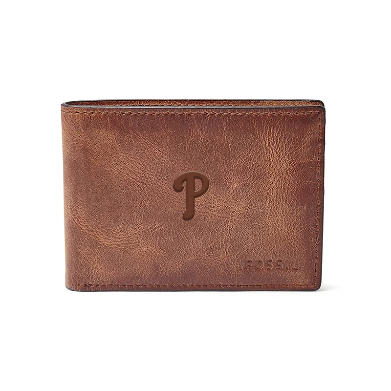 Fossil Brown Philadelphia Phillies Leather Derrick Front Pocket Bifold Wallet