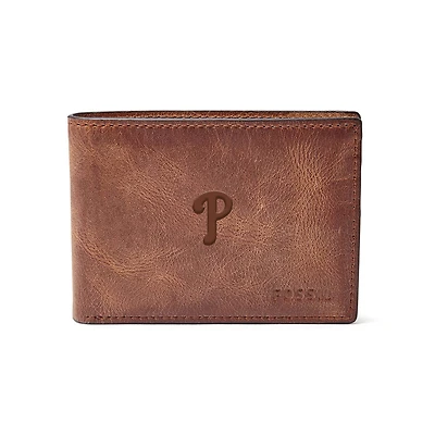 Fossil Brown Philadelphia Phillies Leather Derrick Front Pocket Bifold Wallet