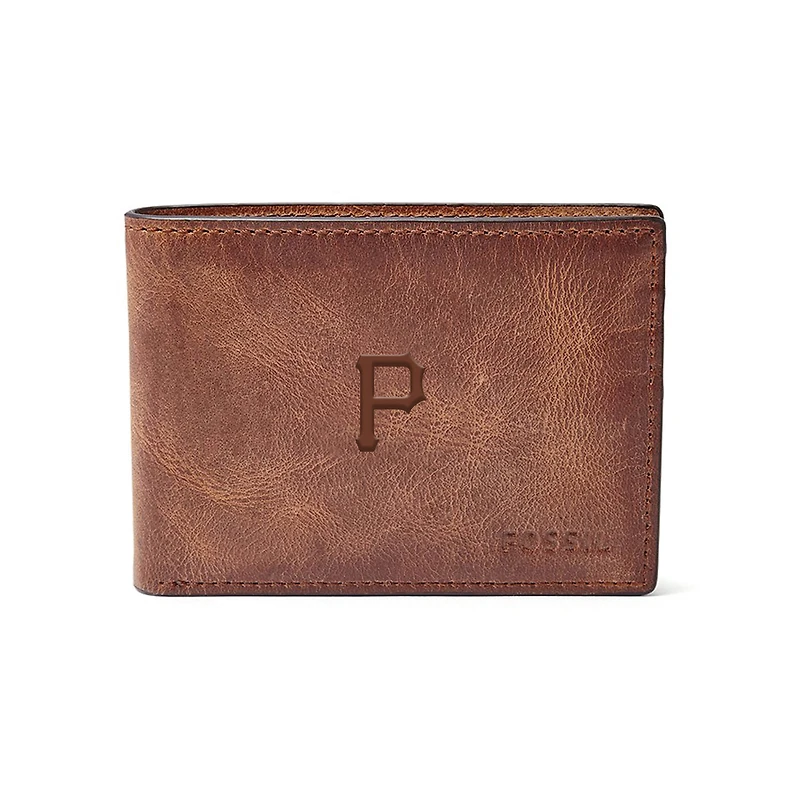 Fossil Brown Pittsburgh Pirates Leather Derrick Front Pocket Bifold Wallet