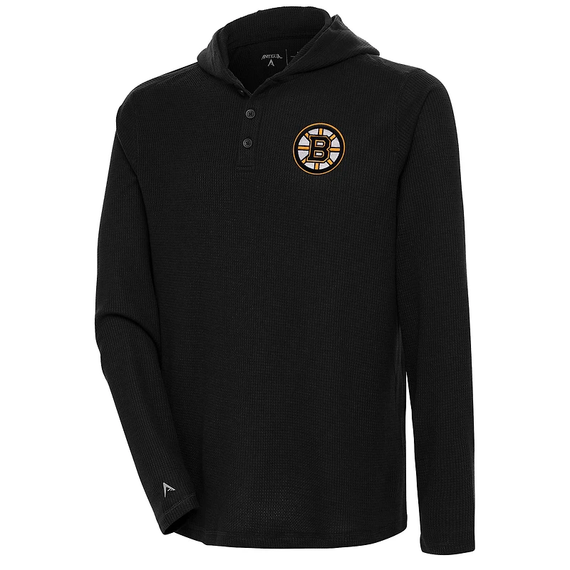 Men's Antigua  Black Boston Bruins Strong Hold Long Sleeve Henley Hoodie T-Shirt