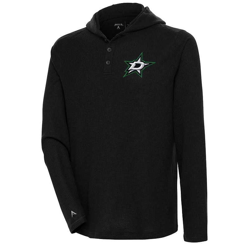 Men's Antigua Black Dallas Stars Strong Hold Long Sleeve Henley Hoodie T-Shirt