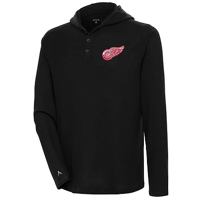 Men's Antigua  Black Detroit Red Wings Strong Hold Long Sleeve Henley Hoodie T-Shirt
