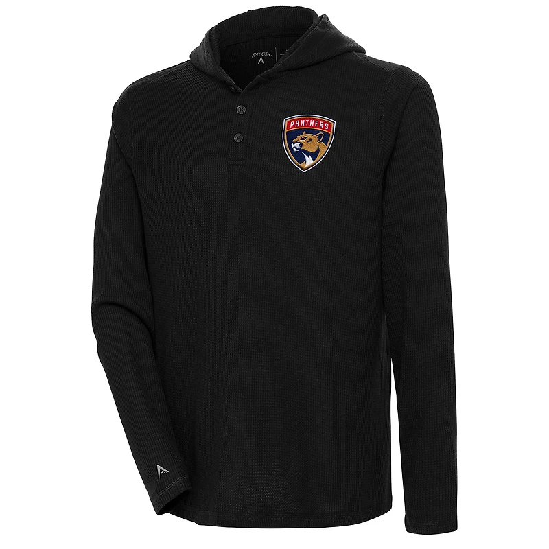 Men's Antigua  Black Florida Panthers Strong Hold Long Sleeve Henley Hoodie T-Shirt