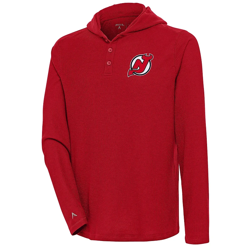 Men's Antigua  Red New Jersey Devils Strong Hold Long Sleeve Henley Hoodie T-Shirt