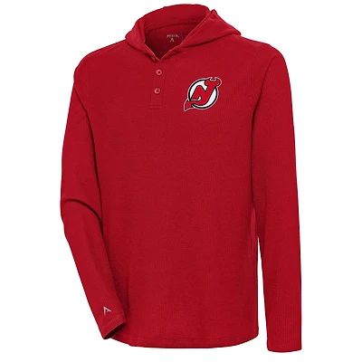 Men's Antigua  Red New Jersey Devils Strong Hold Long Sleeve Henley Hoodie T-Shirt