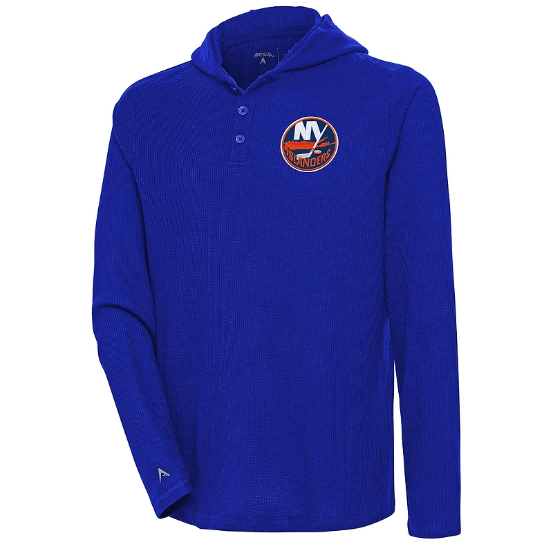 Men's Antigua  Royal New York Islanders Strong Hold Long Sleeve Henley Hoodie T-Shirt
