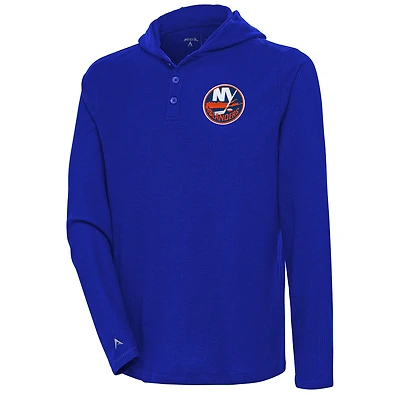 Men's Antigua  Royal New York Islanders Strong Hold Long Sleeve Henley Hoodie T-Shirt