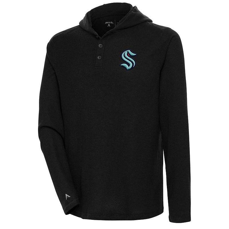 Men's Antigua  Black Seattle Kraken Strong Hold Long Sleeve Henley Hoodie T-Shirt