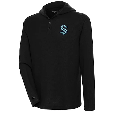 Men's Antigua  Black Seattle Kraken Strong Hold Long Sleeve Henley Hoodie T-Shirt