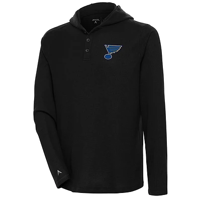 Men's Antigua  Black St. Louis Blues Strong Hold Long Sleeve Henley Hoodie T-Shirt