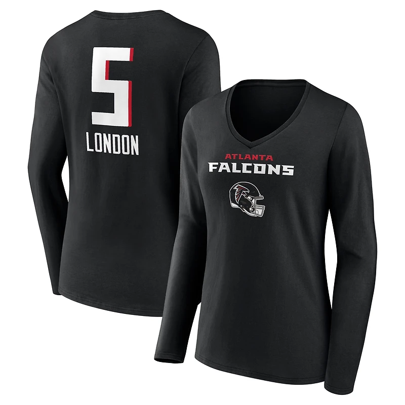 Women's Drake London Black Atlanta Falcons Team Wordmark Player Name & Number Long Sleeve V-Neck T-Shirt