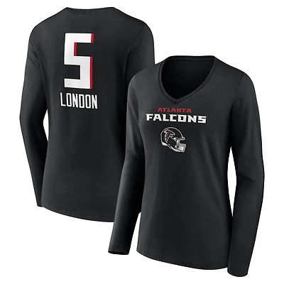 Women's Drake London Black Atlanta Falcons Team Wordmark Player Name & Number Long Sleeve V-Neck T-Shirt