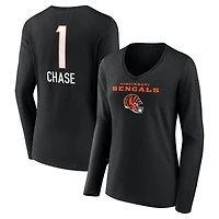 Women's Ja'Marr Chase Black Cincinnati Bengals Team Wordmark Player Name & Number Long Sleeve V-Neck T-Shirt
