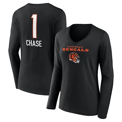 Women's Ja'Marr Chase Black Cincinnati Bengals Team Wordmark Player Name & Number Long Sleeve V-Neck T-Shirt
