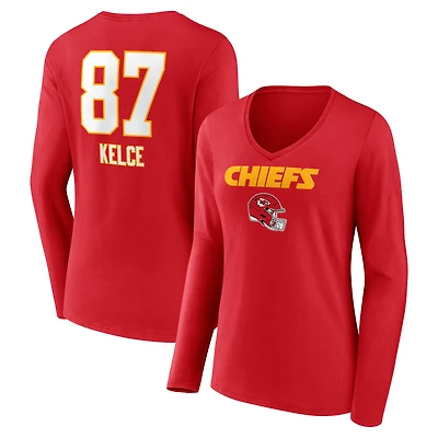 Women's Travis Kelce Red Kansas City Chiefs Team Wordmark Player Name & Number Long Sleeve V-Neck T-Shirt