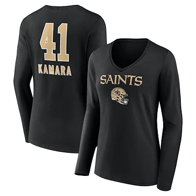 Women's Alvin Kamara Black New Orleans Saints Team Wordmark Player Name & Number Long Sleeve V-Neck T-Shirt