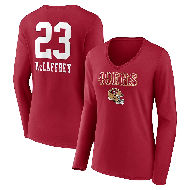 Women's Christian McCaffrey Scarlet San Francisco 49ers Team Wordmark Player Name & Number Long Sleeve V-Neck T-Shirt
